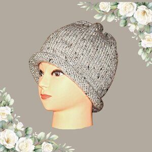 Hand Knit Slouch Hat: Gray Marble Acrylic Blend, Adult/Teen